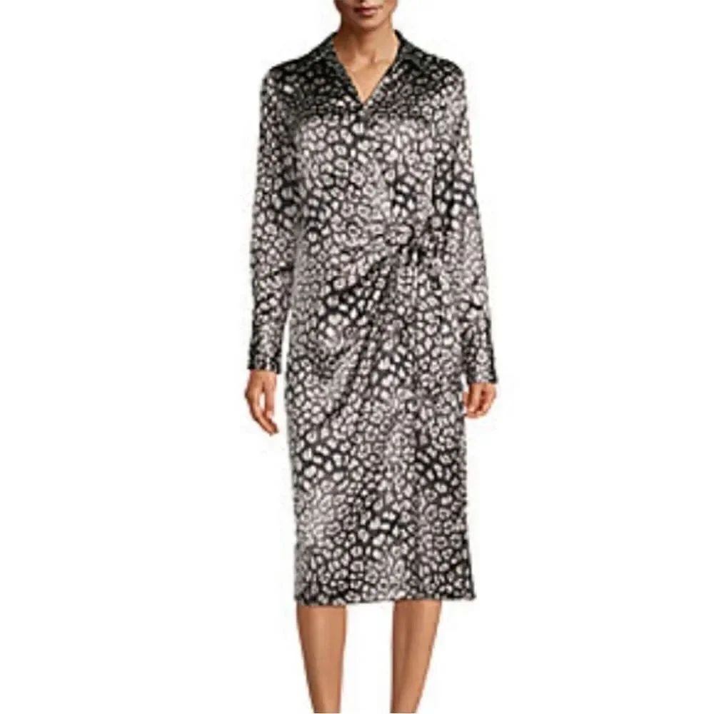 Worthington Animal Print Long Sleeve Satin Wrap Dress Size S